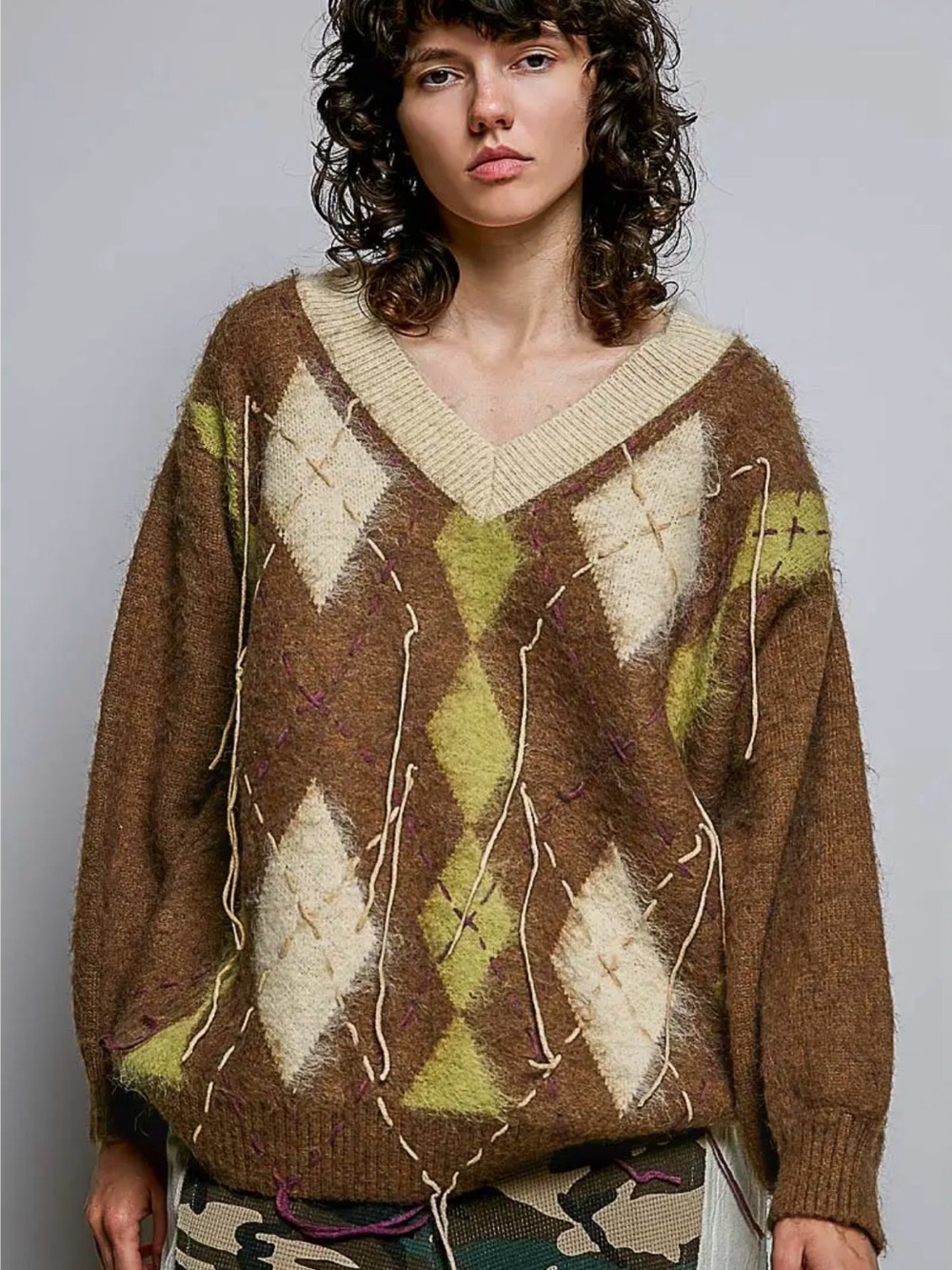 POL NWT Brown Argyle V-Neck Sweater with Cream & Olive Accents NEW FALL-WINTER